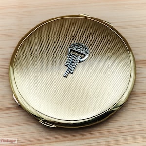 Elegante polvo compacto vintage para dama con marcasita dorada y joyas, espejo compacto, espejo vintage, espejo de mano, espejo de tocador vintage