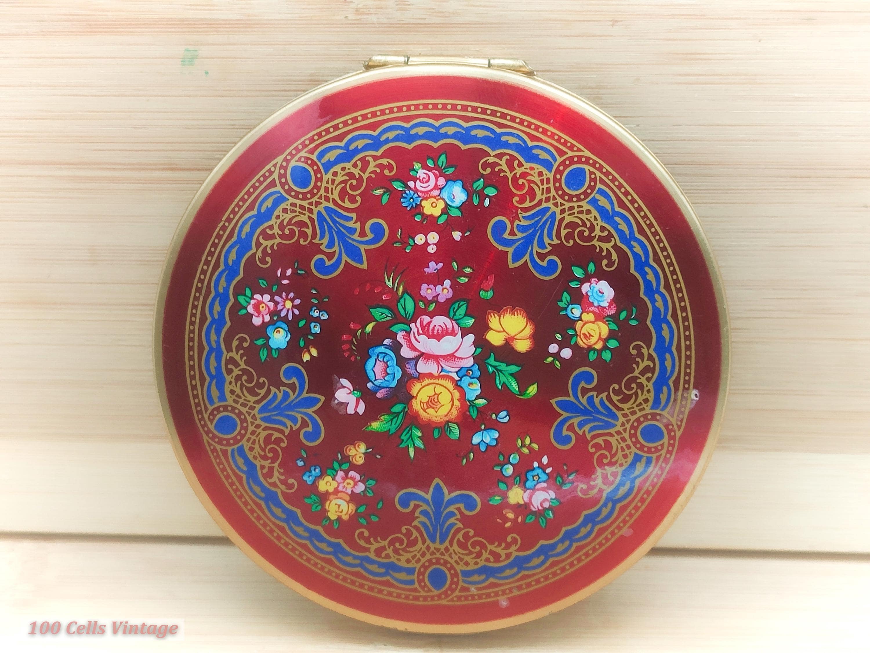 Stratton ヴィンテージ パウダー コンパクト ミラー 赤い薔薇 ストラットン メタリックレッドフローラル - ヴィンテージ メイク