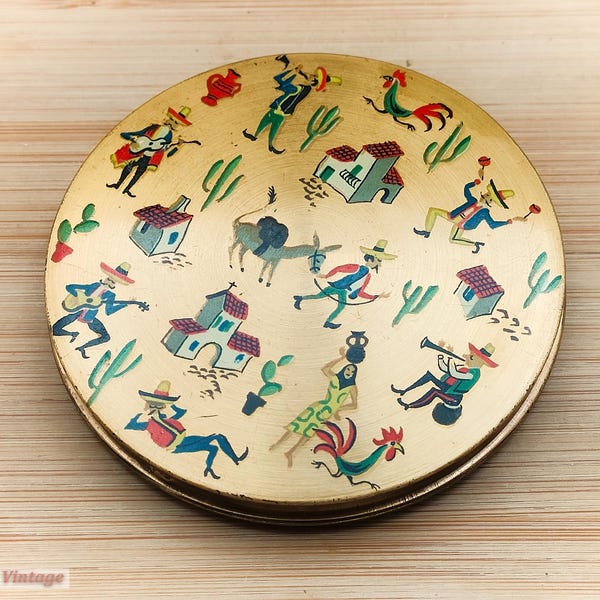 Mexican Theme-Vintage Make Up/Powder Compact-0te, compact mirror, vintage compact, handheld mirror, vintage vanity