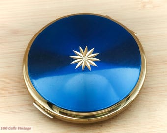 Stratton metallic blue gold star-Vintage Make Up/Powder Mirror Compact-1bl , vintage compact, handheld mirror, vintage vanity
