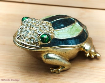 Enameled Green Frog with Diamantes (7cm)-Vintage Trinket/Pill/Jewellery Box 0bl