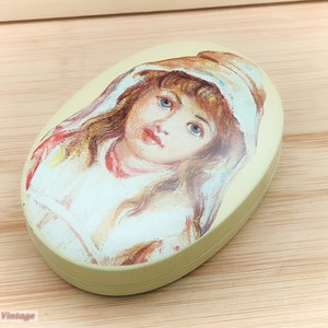 Tin Oval with young girl 9cm-Vintage Trinket/Pill/Jewellery Box/Soap Tin 0or keepsake box, jewelry box, trinket box, treasure box