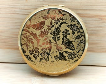 Butterflies Gold Tone Vintage Make Up/Powder Compact-1ma, compact mirror, vintage compact, handheld mirror, vintage vanity
