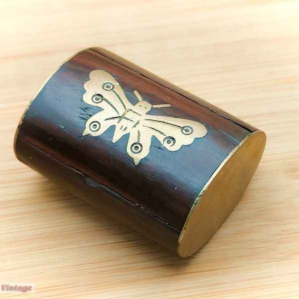 Butterfly-Tiny Treen and Brass-Vintage Pill/Trinket/Snuff Box -cli