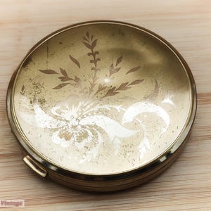 Polvo compacto vintage para dama, tono dorado con pátina, 1 pieza, espejo compacto, espejo vintage, espejo de mano, tocador vintage