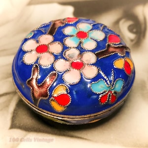 Blue floral asian cloisonne-3cm-vintage Pill box-0o -keepsake box, jewelry box, trinket box, treasure box