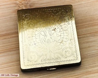 Valentine Brand Ecthed Peacock- Vintage Make Up/Powder Compact-203, compact mirror, vintage compact, handheld mirror, vintage vanity