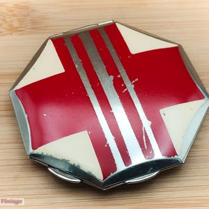 Red and White St George&#39;s Cross- Vintage Make Up/Powder Compact-1bl, compact mirror, vintage compact, handheld mirror, vintage vanity