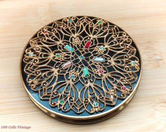 Jeweled Filigree-Vintage Ladies Powder Compact -0ma