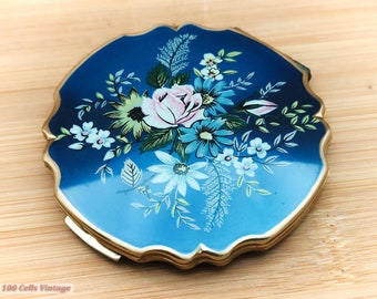 Stratton AS SEEN Metallic Blauw Bloemen-Vintage Dames Poeder Compact -0ye