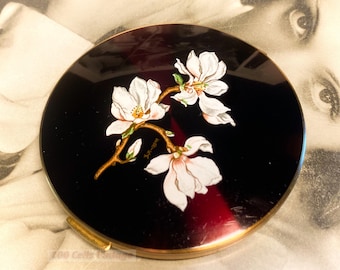 Stratton Metallic black white flowers vintage powder compact: Makeup Mirror-1l