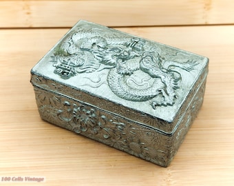 Chinese/Asian Dragon Embossed Silver Tone-8cm-Vintage Trinket/Pill/Jewellery Box