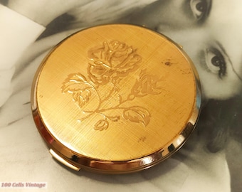 Stratton gold tone floral rose -Vintage Powder Compact-Make Up-Mirror-1r , vintage compact, handheld mirror, vintage vanity