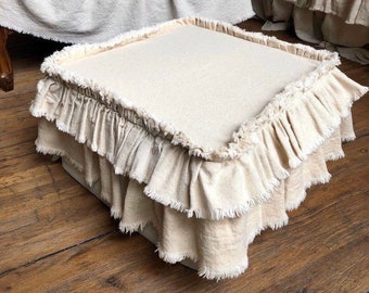 Slip Cover,Kissen,Sondergröße,Osman Stuhl Fuß Hocker Bank,Rüschen,Beige Leinen,Weiß Elfenbein Leinwand,Französisch Rustikales Bauernhaus
