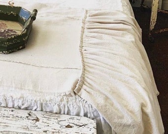 Custom Bed Scarf,Bed Runner,Long ruffle,ivory White,linen cotton canvas Bed scarf,Handmade,French Country,Farmhouse Bedding