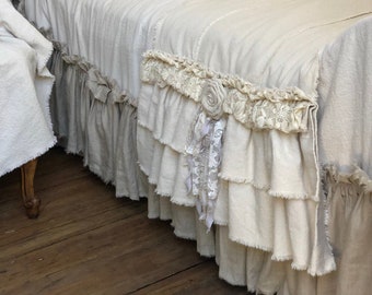 Custom Bed Scarf Bed Runner Long multi ruffle ivory White linen cotton canvas lace Handmade French Country Farmhouse Bedding