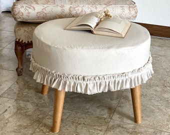Fodera per pouf rotondo o ovale, fodera su misura, fodera con volant, stile francese, fattoria, boho, realizzata a mano negli Stati Uniti.