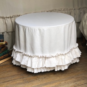 Slip Cover for Round or Oval Ottoman,Custom Size,Ruffled,Creamy White,Gray or Ivory Cotton,French Country,Farmhouse,Boho styles Slipcovers