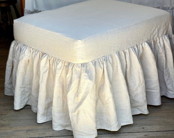 Slip Cover,Cushion,Custom Size,Ottoman Chair Foot Stool Bench,Ruffles,Beige Linen,White Ivory Canvas,French Country Rustic Farmhouse