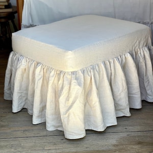 Slip Cover,Cushion,Custom Size,Ottoman Chair Foot Stool Bench,Ruffles,Beige Linen,White Ivory Canvas,French Country Rustic Farmhouse