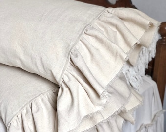 A Pair of custom,cotton Canvas,Shams Pillow Covers,Long Raw frayed edge Ruffles,French Country,Farmhouse bedding