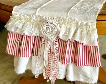 Custom Farmhouse Table Runner or Dresser runner,for Christmas table,multi ruffle,ivory canvas,red striped ticking ruffle,lace,with rosettes