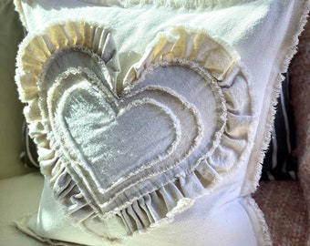 Custom Pillow Cover with three Hearts,Heart Pillow with ruffles,pillow for Valentine’s Day,gift pillow,pillow with pocket,pocket for book