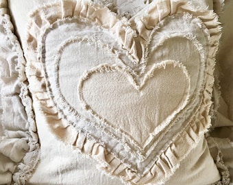 Custom Pillow Cover with Rustic Ruffles,Heart Pillow,French Country Bedding,Boho Decor,Farmhouse bedding,Wedding Gift Ideas