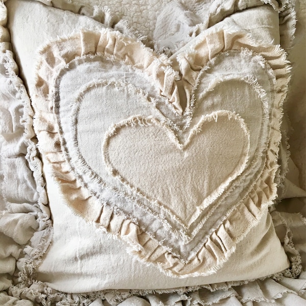 Custom Pillow Cover with Rustic Ruffles,Heart Pillow,French Country Bedding,Boho Decor,Farmhouse bedding,Wedding Gift Ideas