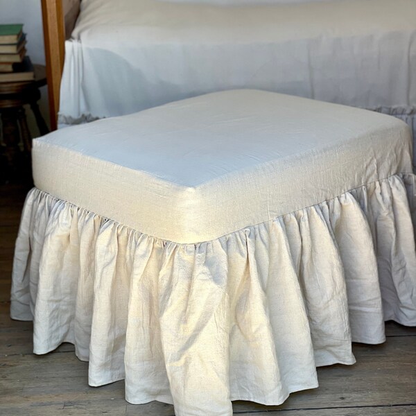 Slip Cover,Cushion,Custom Size,Ottoman Chair Foot Stool Bench,Ruffles,Beige Linen,White Ivory Canvas,French Country Rustic Farmhouse
