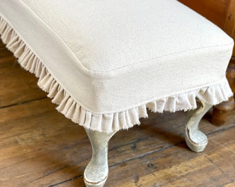 Slip Cover,Cushion,Custom Size,Ottoman Chair Foot Stool Bench,Ruffles,Beige Linen,White Ivory Canvas,French Country Rustic Farmhouse