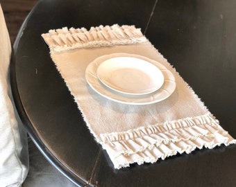 Custom Ivory Cotton Linen,Rustic Fringes with Ruffles Placemat,Soft Cloth placemat,Table Linen,French Country,Farmhouse Placemat