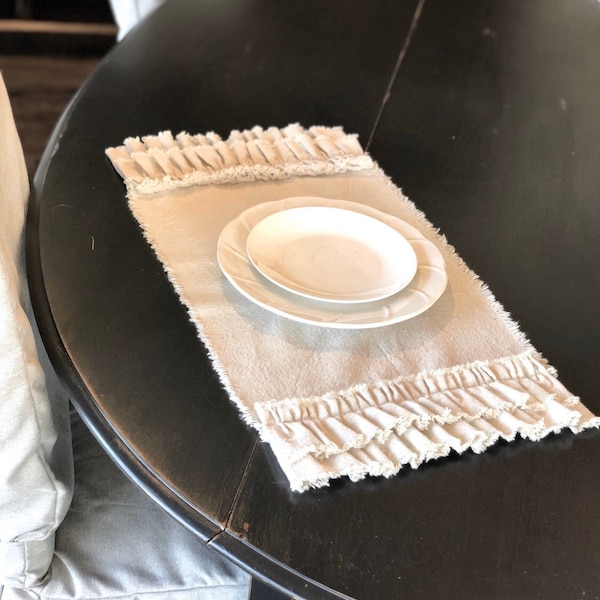 Custom Ivory Cotton Linen,Rustic Fringes with Ruffles Placemat,Soft Cloth placemat,Table Linen,French Country,Farmhouse Placemat