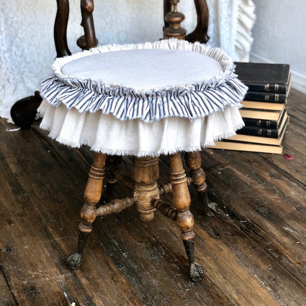 Slip Cover,Cushion,Custom Size,Chair,Stool,Bar Stool,with Ruffles,Ivory Cotton,Ticking Navy Stripes,French Country,Farmhouse,Shabby