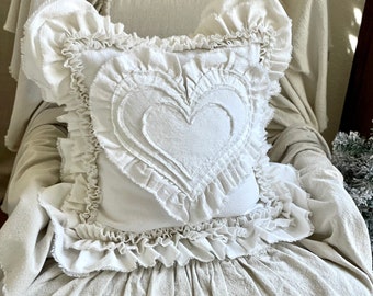Custom Pillow Cover with Rustic Ruffles,Heart Pillow,French Country Bedding,Boho Decor,Farmhouse bedding,Wedding Gift Ideas