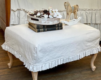 Slip Cover,Cushion,Custom Size,Ottoman Chair Foot Stool Bench,Ruffles,Beige Linen,White Ivory Canvas,French Country Rustic Farmhouse