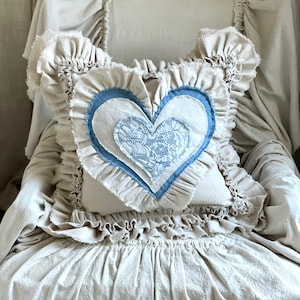 Custom Pillow Cover with Rustic Ruffles,Heart Pillow,French Country Bedding,Boho Decor,Farmhouse bedding,Wedding Gift