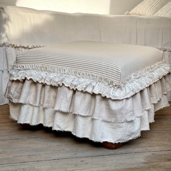 Custom Size Slip cover for Ottoman,Foot Stool,Bench,with Ruffles,Beige and ivory stripes,Ivory Canvas,Lace,French Country,Rustic,Farmhouse