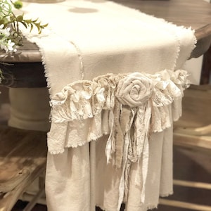 Custom Farmhouse Table Runner or Dresser runner,multi ruffle,ivory canvas,table runner w rosettes,Shabby lace,French Country,Handmade