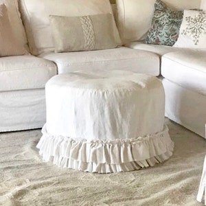 Slip Cover for round Ottoman,Custom Size, With Ruffles,Creamy White or Ivory Cotton Linen,French Country,Rustic Farmhouse,slipcovers