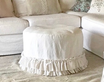 Slip Cover for round Ottoman,Custom Size, With Ruffles,Creamy White or Ivory Cotton Linen,French Country,Rustic Farmhouse,slipcovers