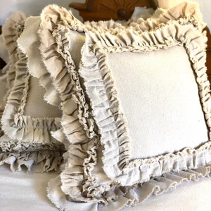 A Pair of Pillow Covers with Ruffles,Ivory Canvas,Tan Linen,Farmhouse Bedding,French Country Pillow,20"x20" Shams,Pillows for Wedding Gift