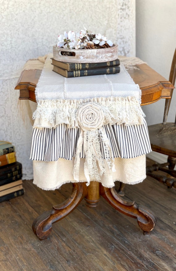 Custom Table Runner,dresser Runner,multi Ruffle,ivory,navy Stripes,cotton  Canvas,lace,french Country,shabby,boho,farmhouse Table Runner - Etsy
