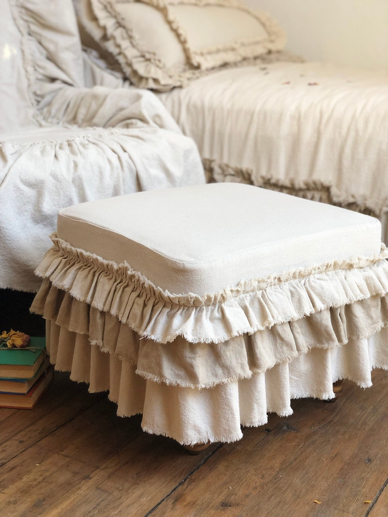 Slip Cover,Cushion,Custom Size,Ottoman Chair Foot Stool Bench,Ruffles,Beige Linen,White Ivory Canvas,French Country Rustic Farmhouse
