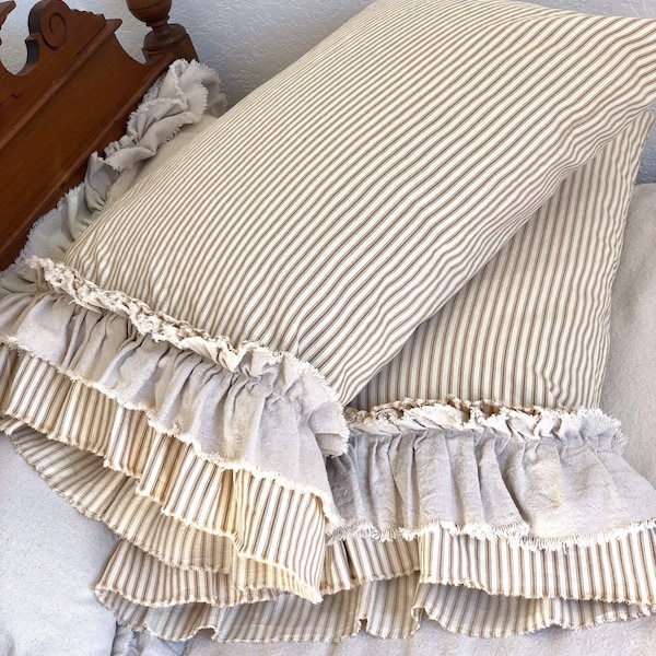 A Pair of Canvas Pillows Covers Stripe Light Brown Beige with Long Ruffles Bedding Decor Handmade French Country Farmhouse Wedding Birthday