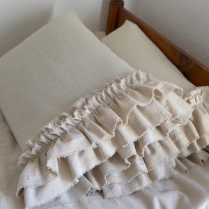 A Pair of custom,cotton Canvas,Shams Pillow Covers,Long Raw frayed edge Ruffles,French Country,Farmhouse bedding