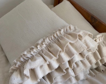 A Pair of custom,cotton Canvas,Shams Pillow Covers,Long Raw frayed edge Ruffles,French Country,Farmhouse bedding