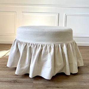 Slip Cover for Round or Oval Ottoman,Custom Size,Ruffled,Creamy White,Gray or Ivory Cotton,French Country,Farmhouse,Boho styles Slipcovers