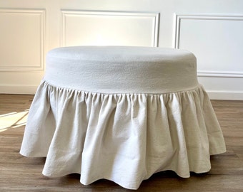 Slip Cover for Round or Oval Ottoman,Custom Size,Ruffled,Creamy White,Gray or Ivory Cotton,French Country,Farmhouse,Boho styles Slipcovers