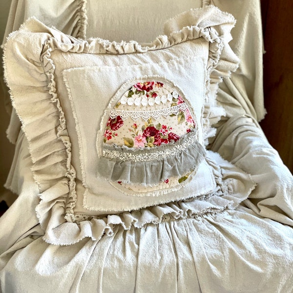 Custom Pillow Cover with Ruffles,With Easter Egg,Easter Pillow,20”x20”,French Country Pillow,Farmhouse pillow,Birthday Gift